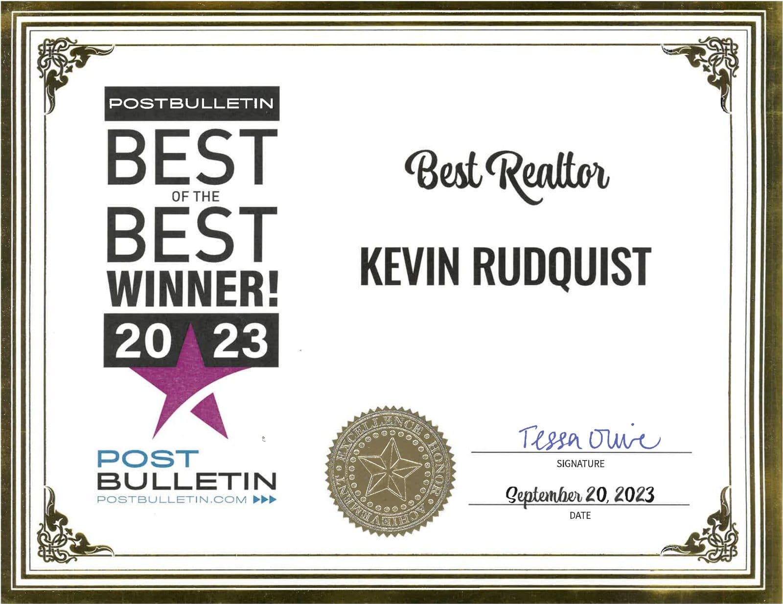 Post Bulletin Best of the Best 2023 certificate naming Kevin Rudquist Best Realtor