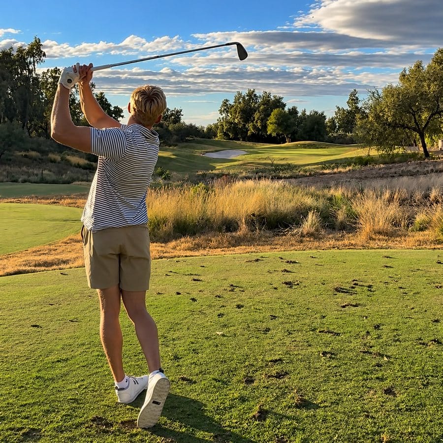 Kevin Rudquist following through on a golf swing on a sunny course